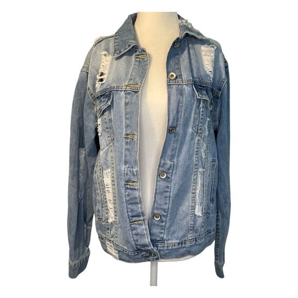Cherry Koko Destroyed Denim Trucker Jean Jacket Distressed Blue Medium Wash M - Picture 1 of 6
